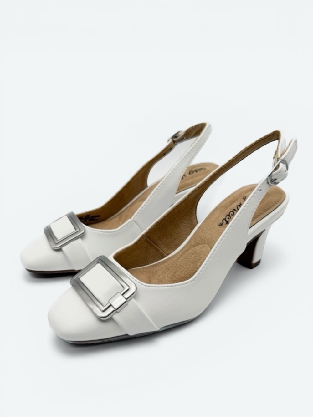 Easy Street Sway Slingback Square Toe Buckle Dress Heel White 5 NEW